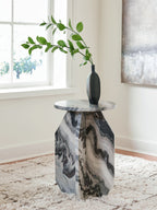 Accent table with round marble-look top and faceted sides, gray white and black
