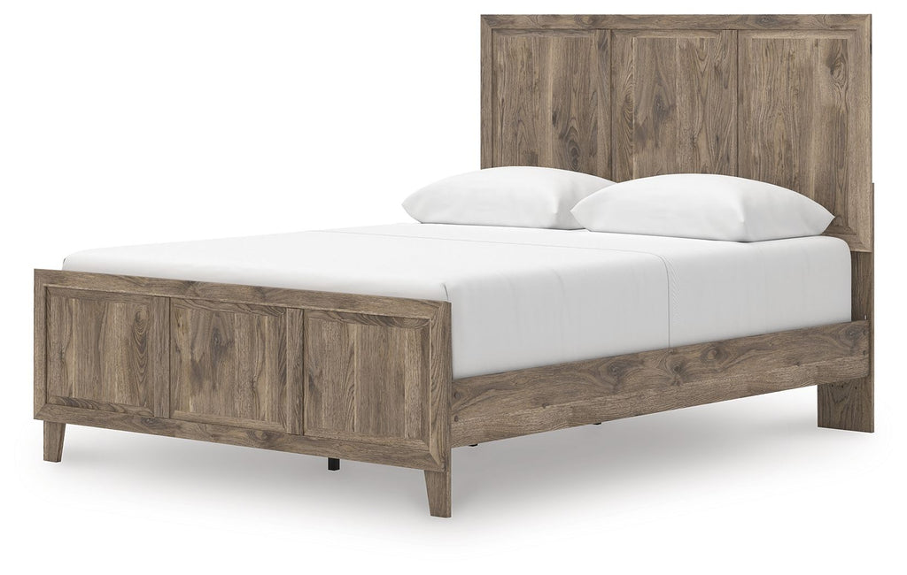 Rusticott panel bed with light brown wood rails, and white mattress with two pillows