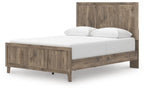 Rusticott panel bed with light brown wood rails, and white mattress with two pillows