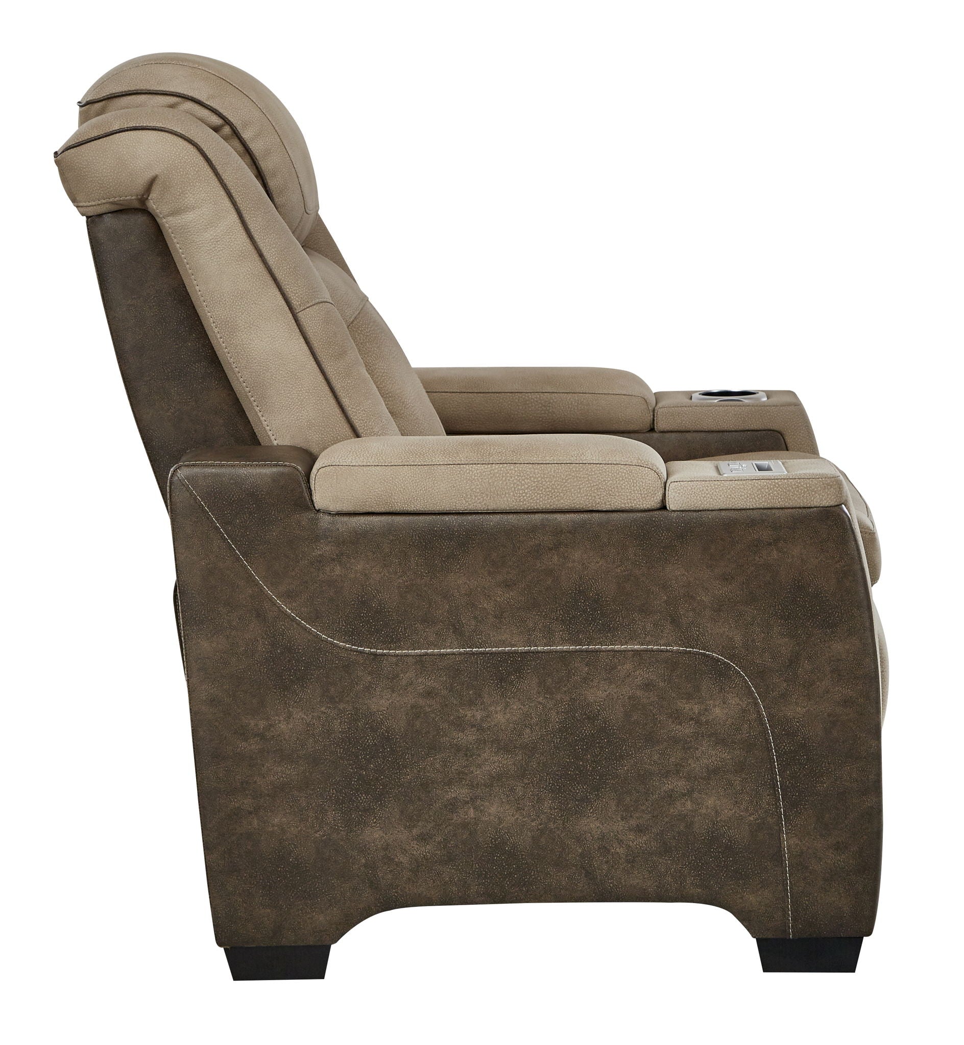 Sand recliner with adjustable headrest and extended footrest, suede-look upholstery