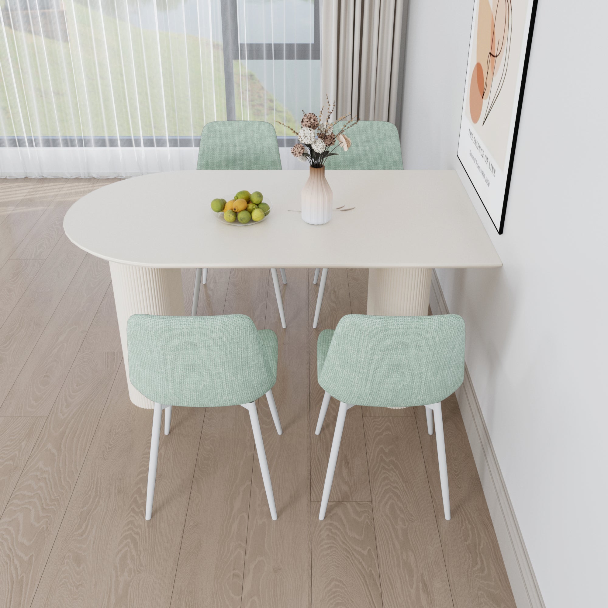 63" MDF Cream Dining Table & 4 Modern Chairs - Kitchen Set