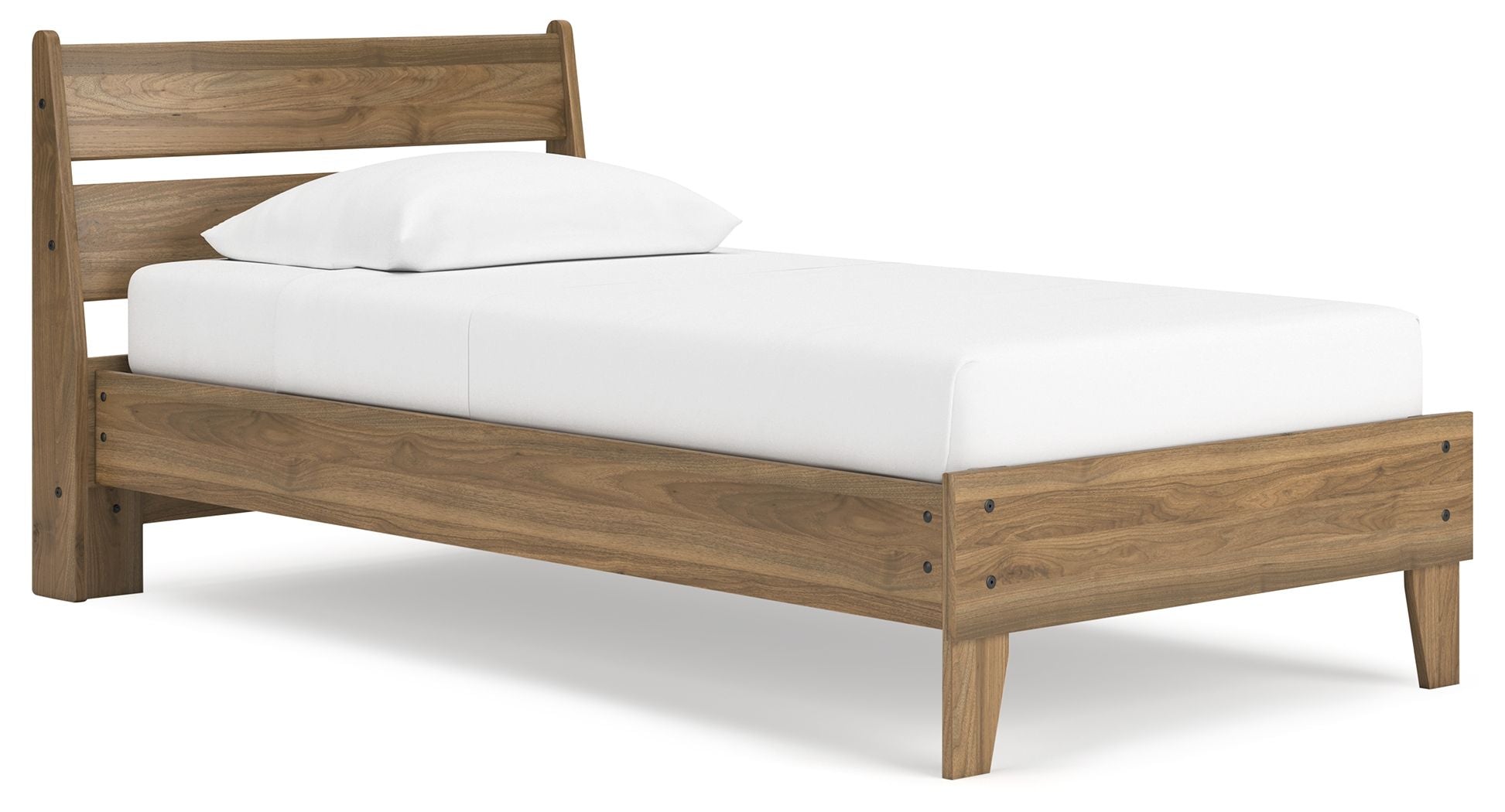Light brown platform panel bed frame with white upholstered mattress and headboard
