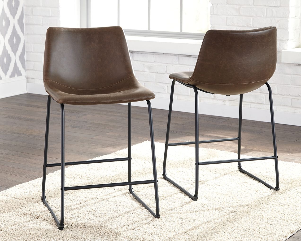 Upholstered bar stool set of 2 with dark brown seat and black metal legs