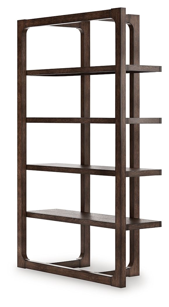 Dark brown wooden bookcase with open shelves, vertical frame posts and side ladder shelf