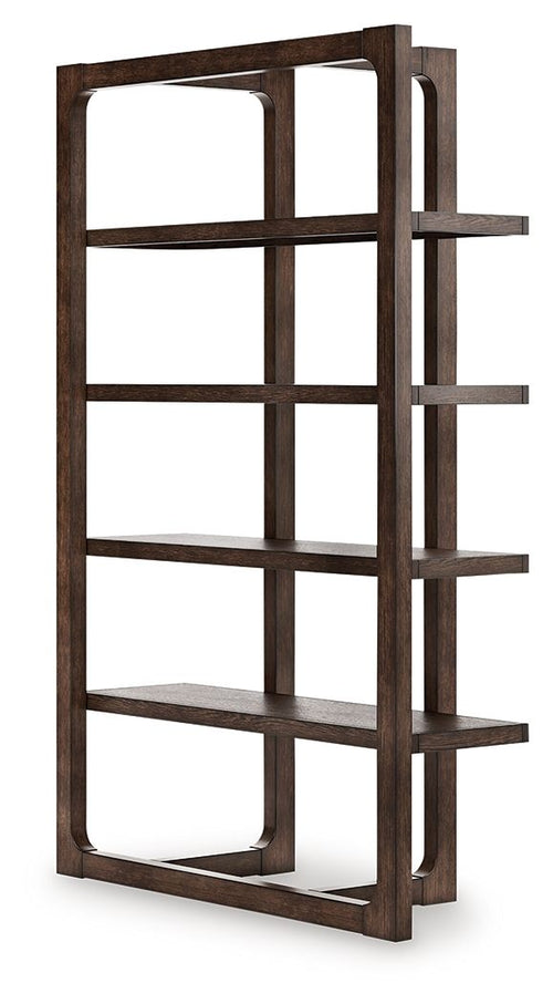 Dark brown wooden bookcase with open shelves, vertical frame posts and side ladder shelf