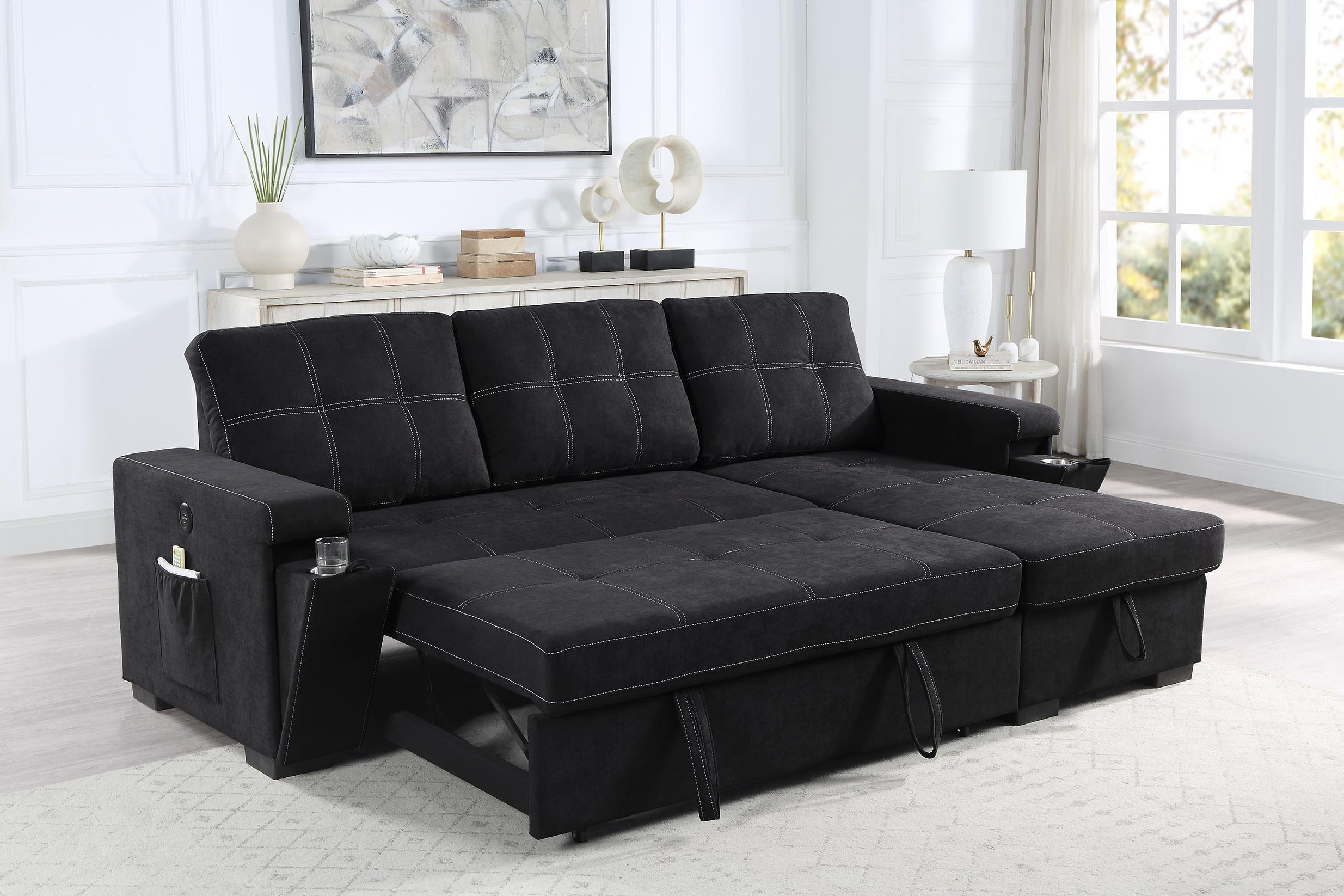 Toby - Woven Fabric Reversible Sleeper Sectional Sofa With Storage Chaise Cup Holder Charging Ports And Pockets