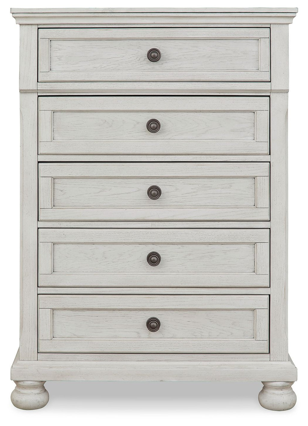 Antique white five-drawer youth chest with metal knobs and flat panel drawer fronts