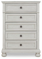 Antique white five-drawer youth chest with metal knobs and flat panel drawer fronts