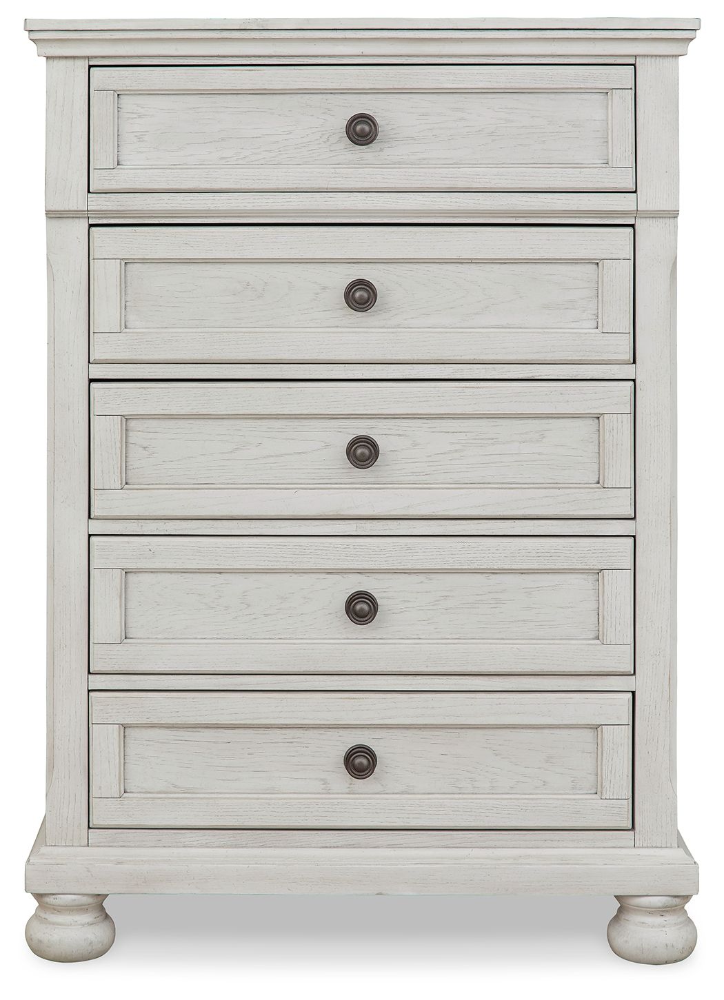 Antique white five-drawer youth chest with metal knobs and flat panel drawer fronts