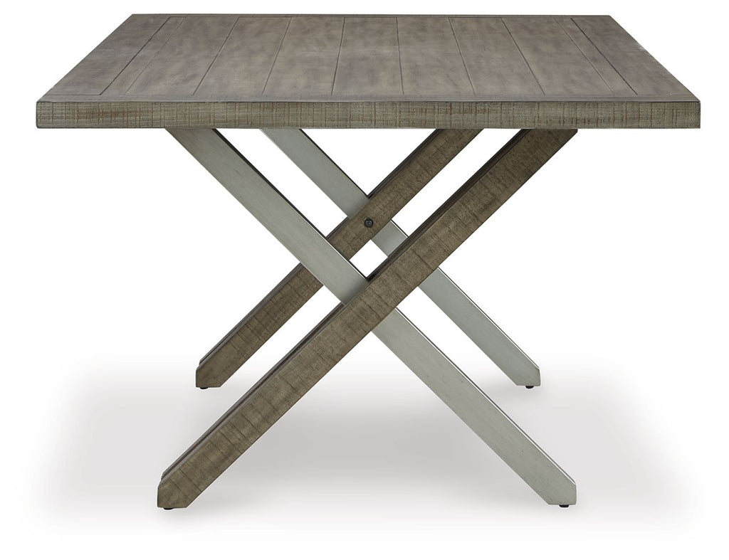 Rectangular dining table with weathered gray top and crossed X base