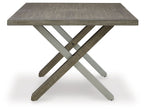 Rectangular dining table with weathered gray top and crossed X base