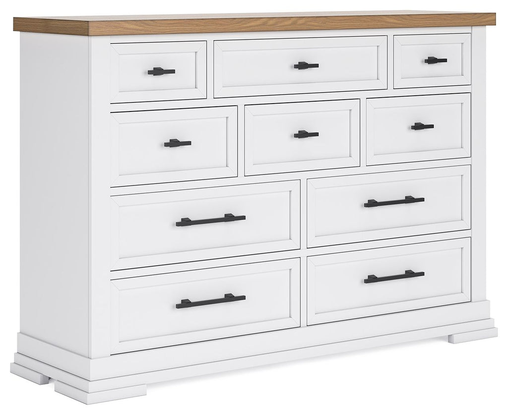 White panel storage dresser with nine drawers and dark wood top