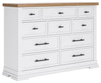 White panel storage dresser with nine drawers and dark wood top