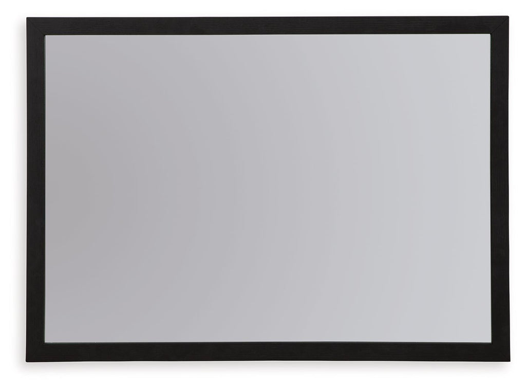 Black bedroom mirror with dark frame and smooth reflective glass, horizontal rectangle