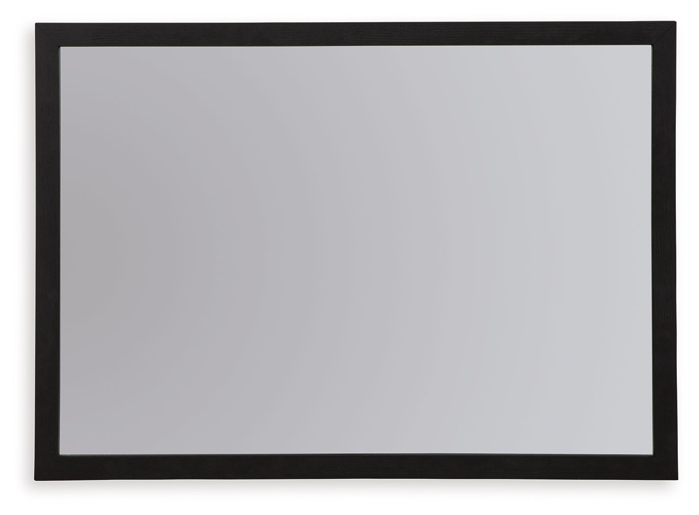Black bedroom mirror with dark frame and smooth reflective glass, horizontal rectangle