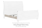 King sleigh bed rails with faux plank design, whitewash finish, front section view