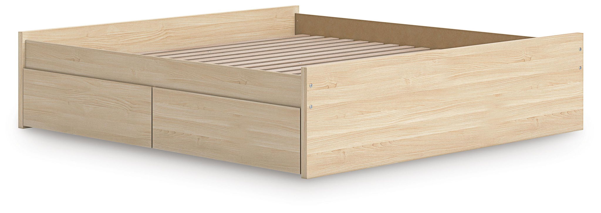 Light brown platform bed with two side drawers and slat support