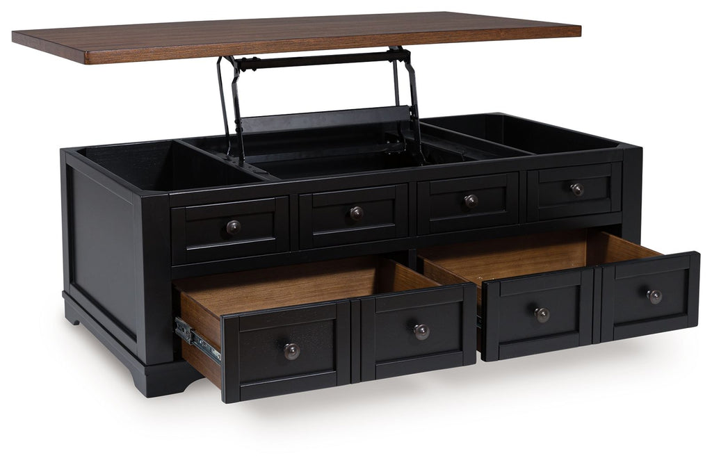 Lift-top cocktail table open to reveal storage with drawer fronts and knobs