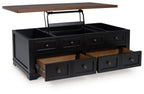 Lift-top cocktail table open to reveal storage with drawer fronts and knobs