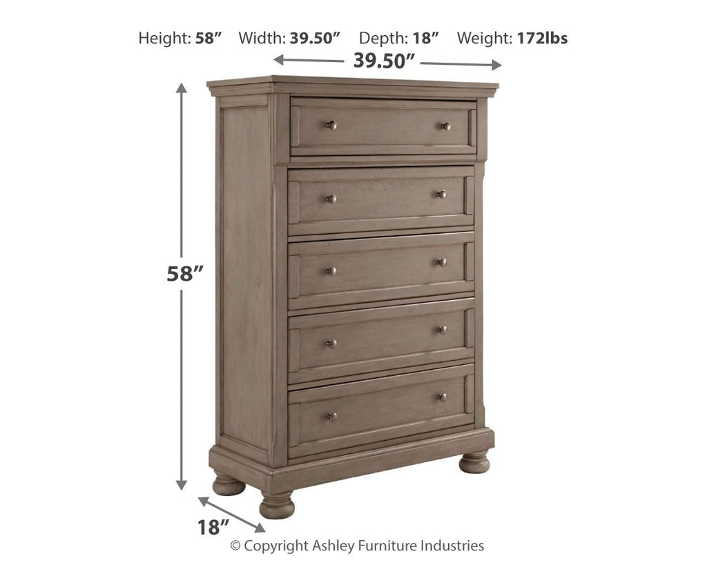 Light gray five-drawer chest with dimensions shown: 58 in height and 39.5 in width