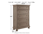 Light gray five-drawer chest with dimensions shown: 58 in height and 39.5 in width