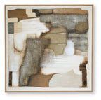 Framed abstract wall art with layered gray and tan rectangles on white ground