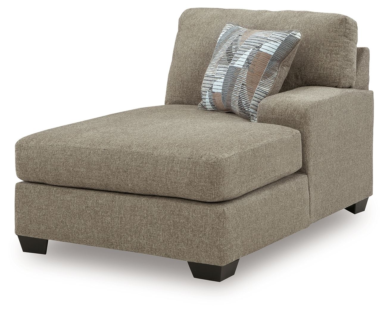 Beige fabric corner chaise with ottoman-style seat and striped throw pillow