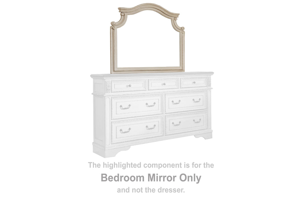 Bedroom mirror with arched white frame above dresser drawers, rectangular glass
