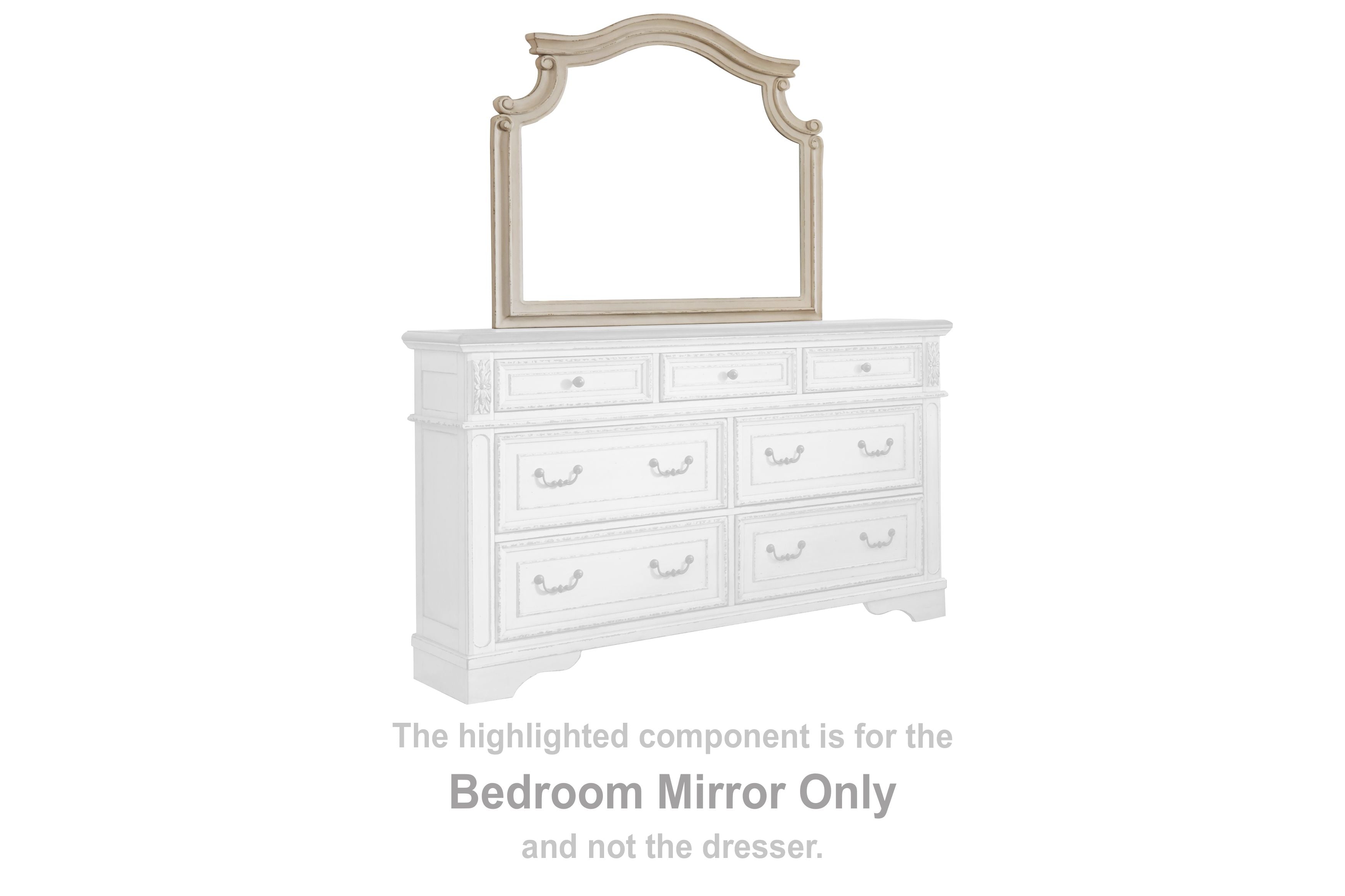 Bedroom mirror with arched white frame above dresser drawers, rectangular glass