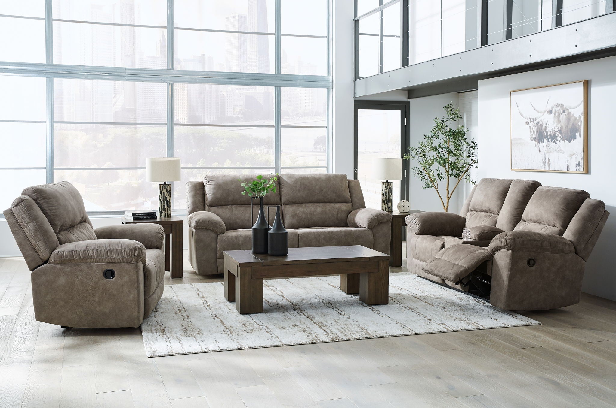 Reclining chairs, loveseat, and sofa in dark brown fabric with padded arms
