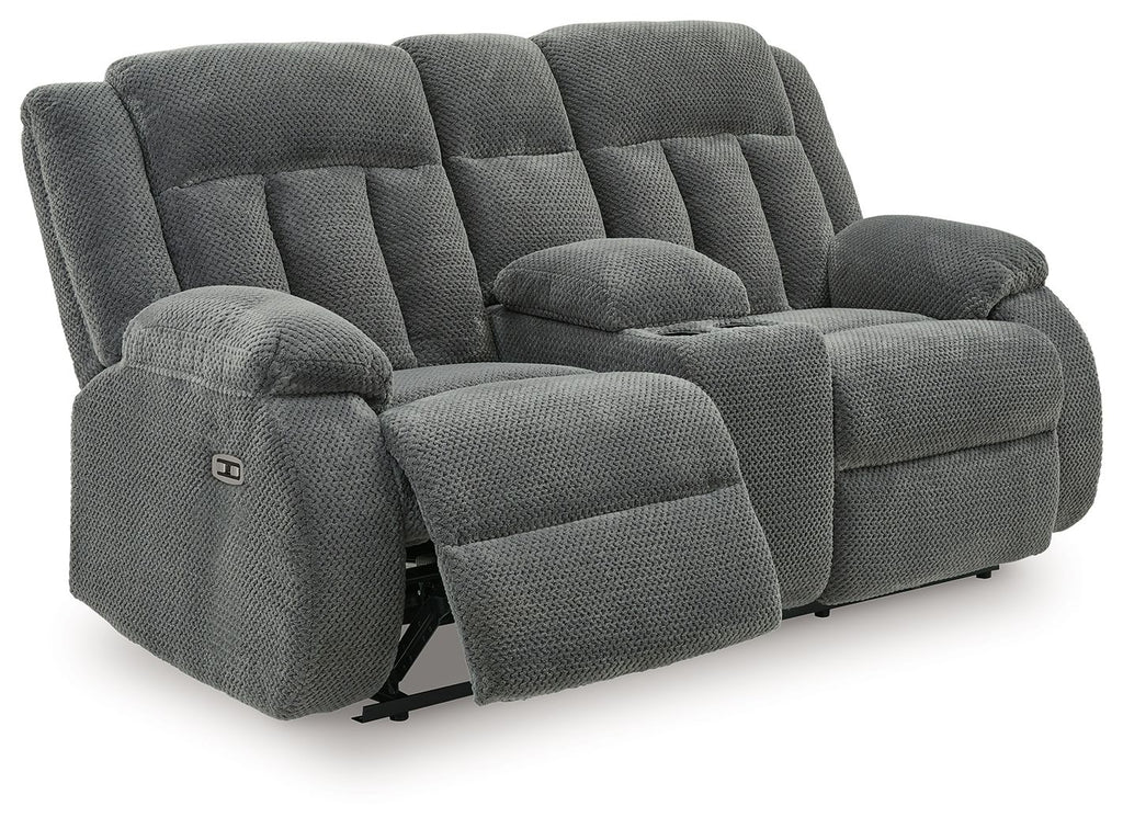 Dark gray double reclining loveseat with console, rounded armrests and footrests