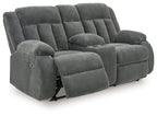 Dark gray double reclining loveseat with console, rounded armrests and footrests