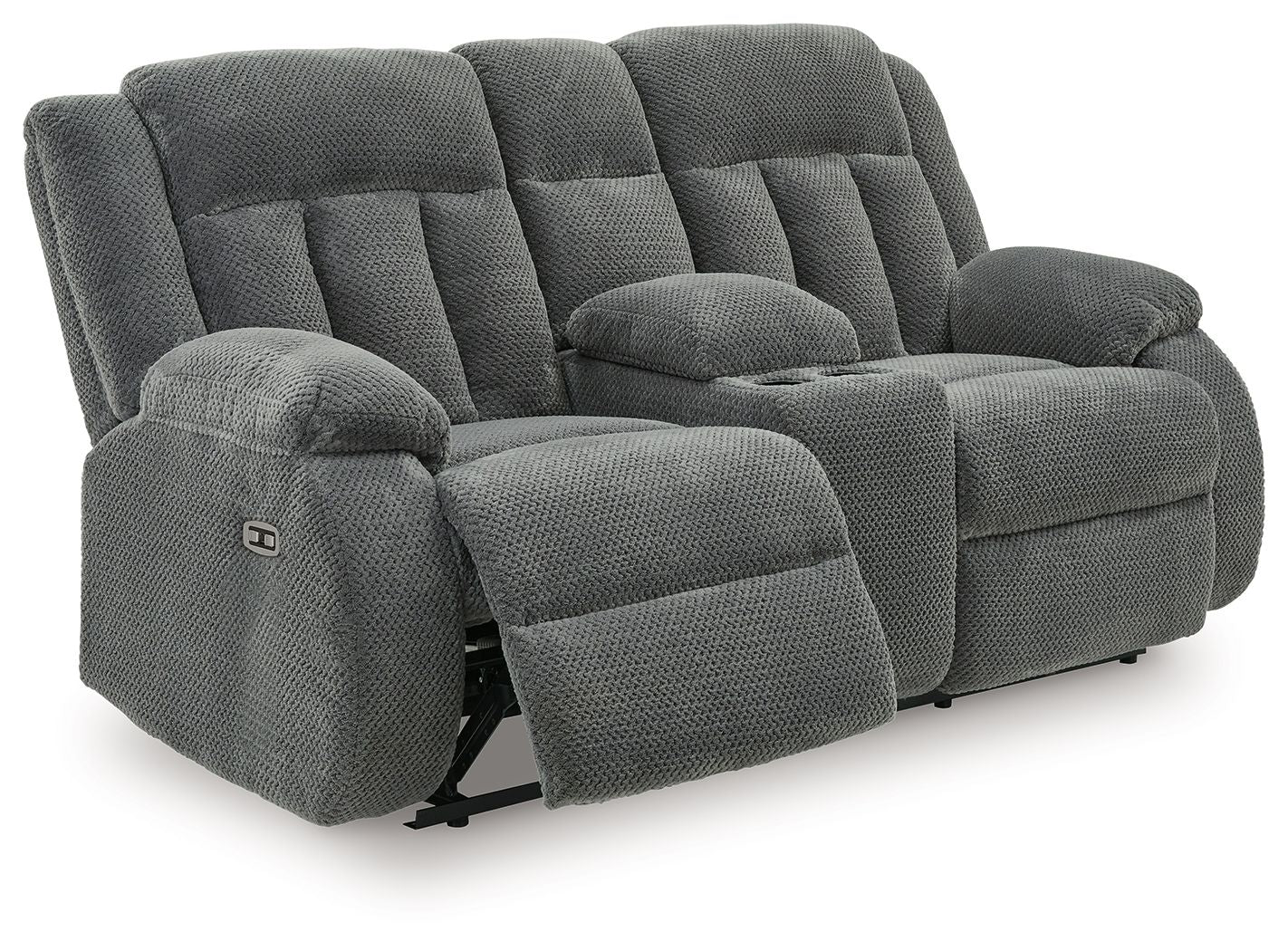 Dark gray double reclining loveseat with console, rounded armrests and footrests
