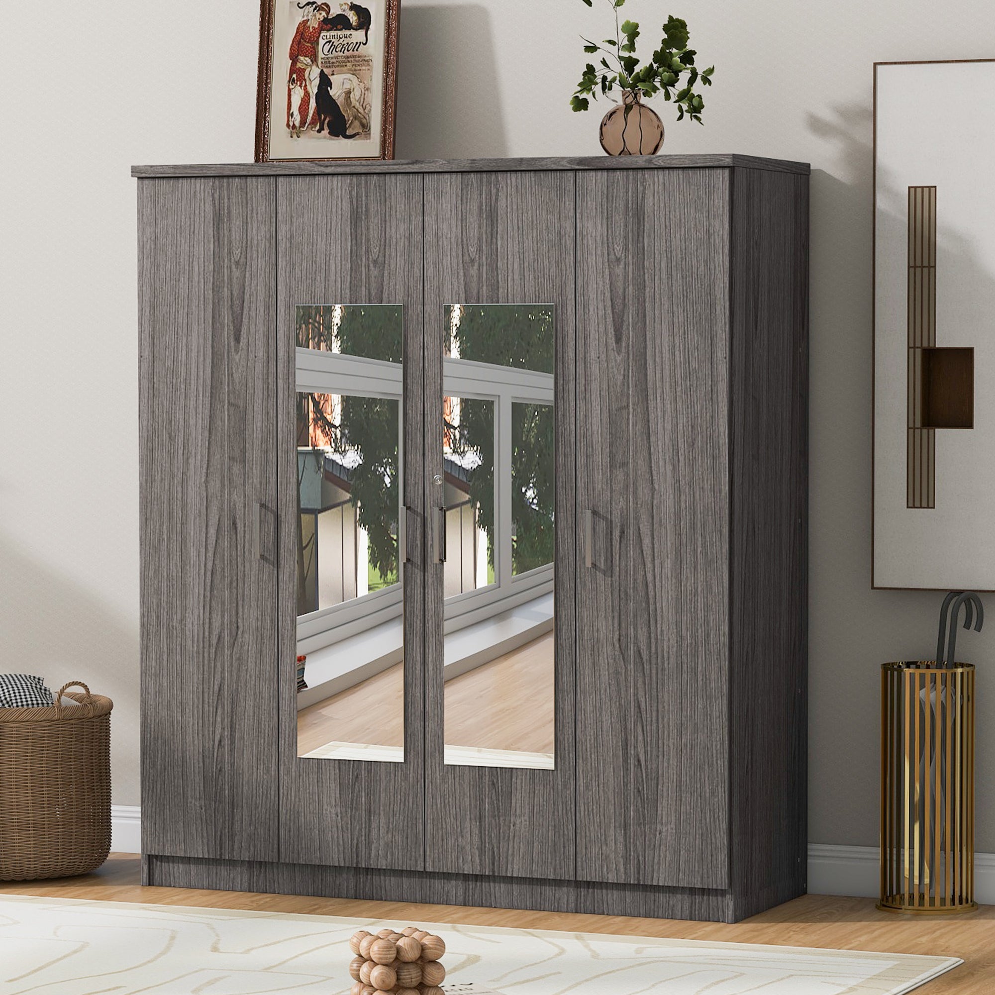 4-Door Mirrored Wardrobe Closet, Gray Shelves