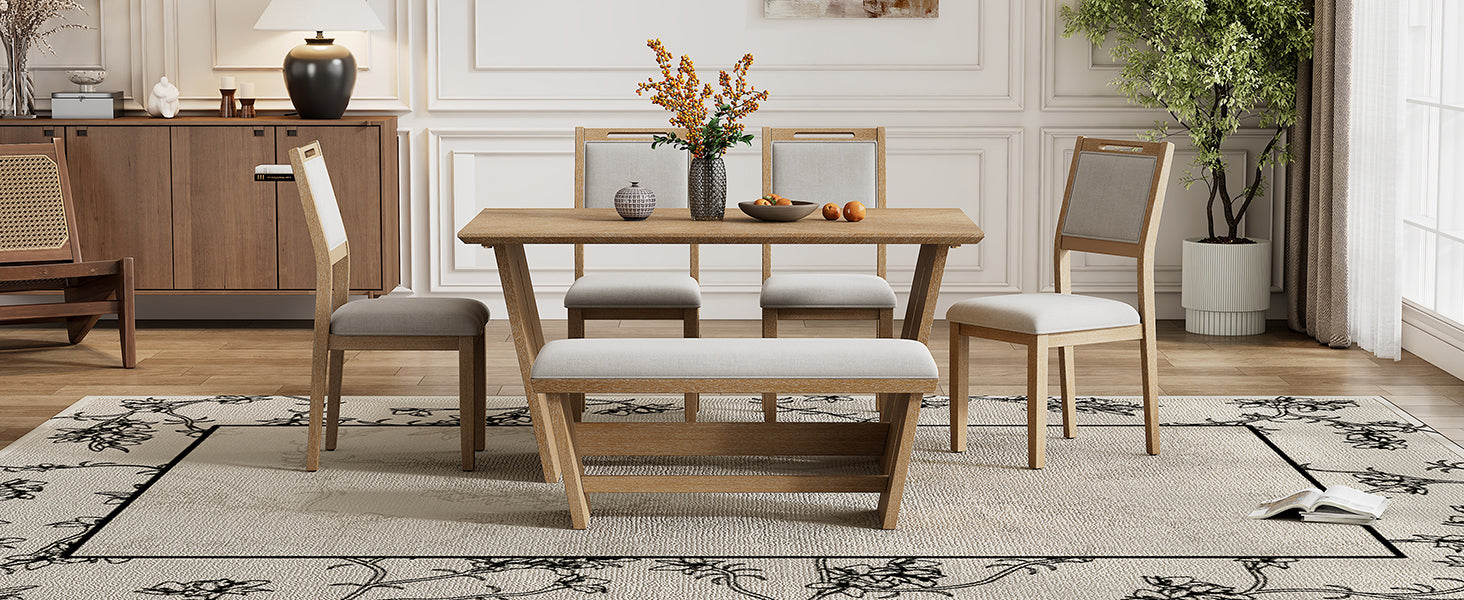 6-Pc Retro Dining Set w/ Bench - Natural Wood