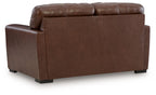 Brown leather-look loveseat side view with squared track arms and base