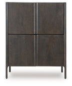 Espresso brown accent cabinet with four paneled doors and slim metal legs