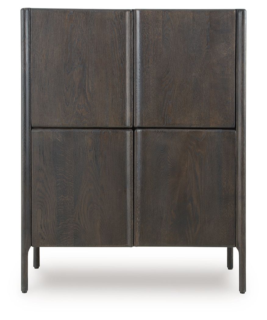Espresso brown accent cabinet with four paneled doors and slim metal legs