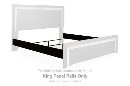 Black king panel rails with two paneled side rails for a bed frame section