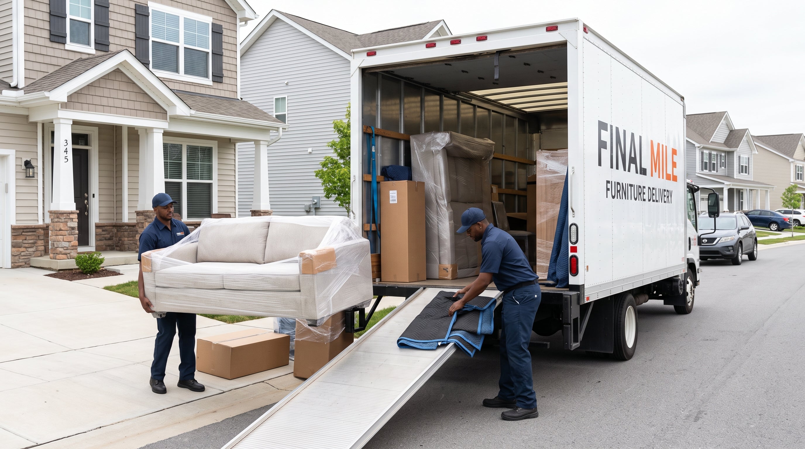 A delivery crew carrying a sofa to a front door