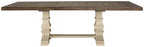 Brown dining table with beige legs and lower support bar