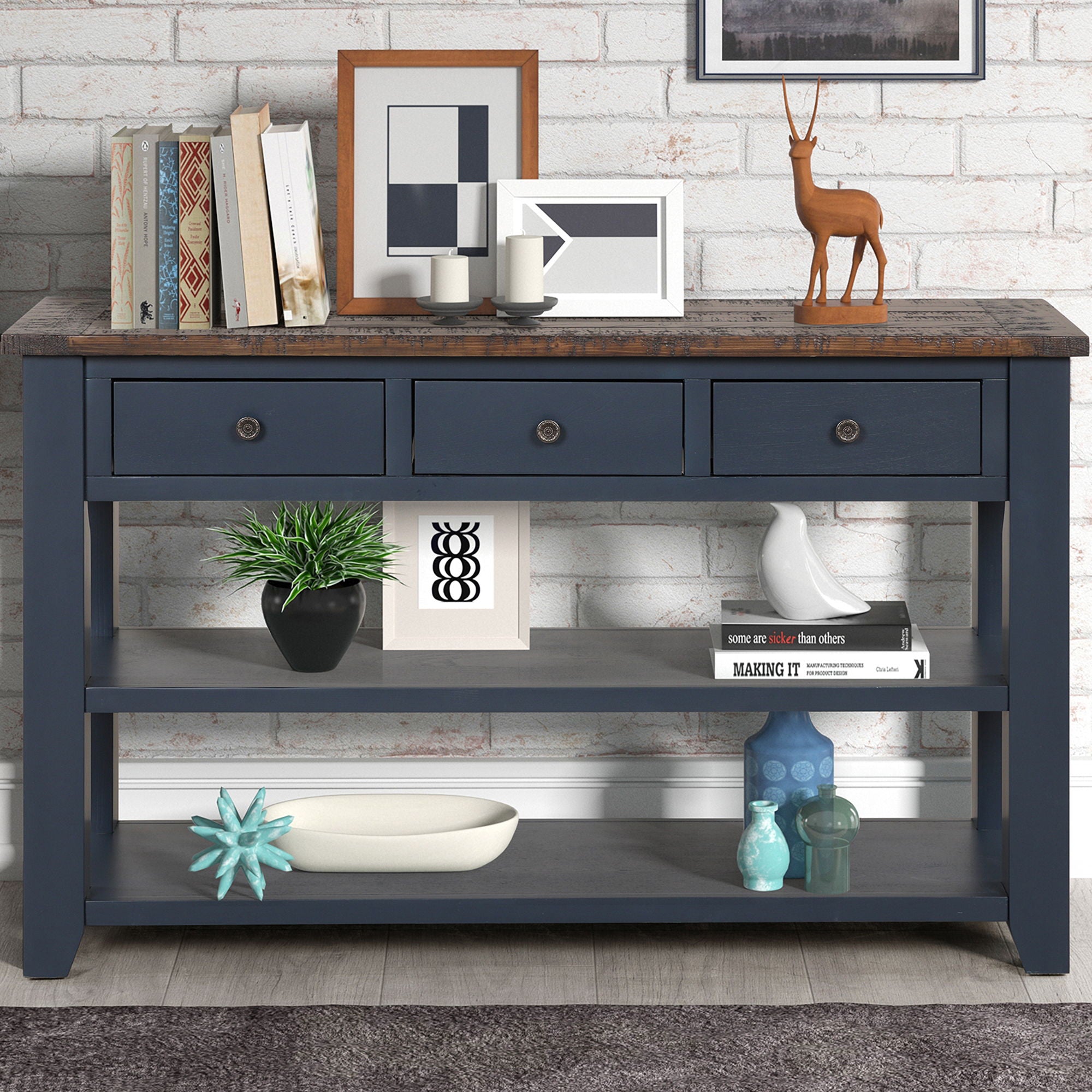 48'' Solid Pine Wood Top Console Table, Modern Entryway Sofa Side Table With 3 Storage Drawers And 2 Shelves. Easy To Assemble (Blue)