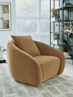 Tan swivel accent chair with tall backrest and rounded arms, upholstered fabric.