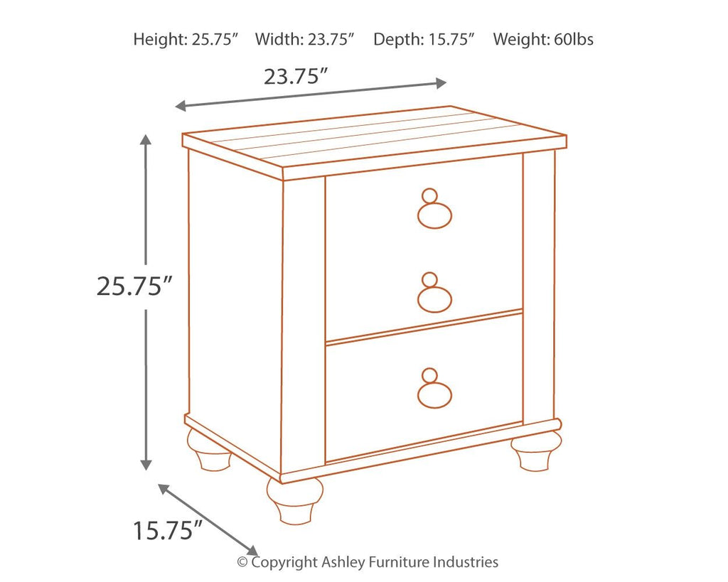 Two-drawer nightstand diagram with height, width, and depth measurements