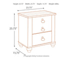 Two-drawer nightstand diagram with height, width, and depth measurements