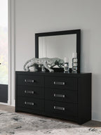 Black six-drawer dresser with six silver bar handles and front view.