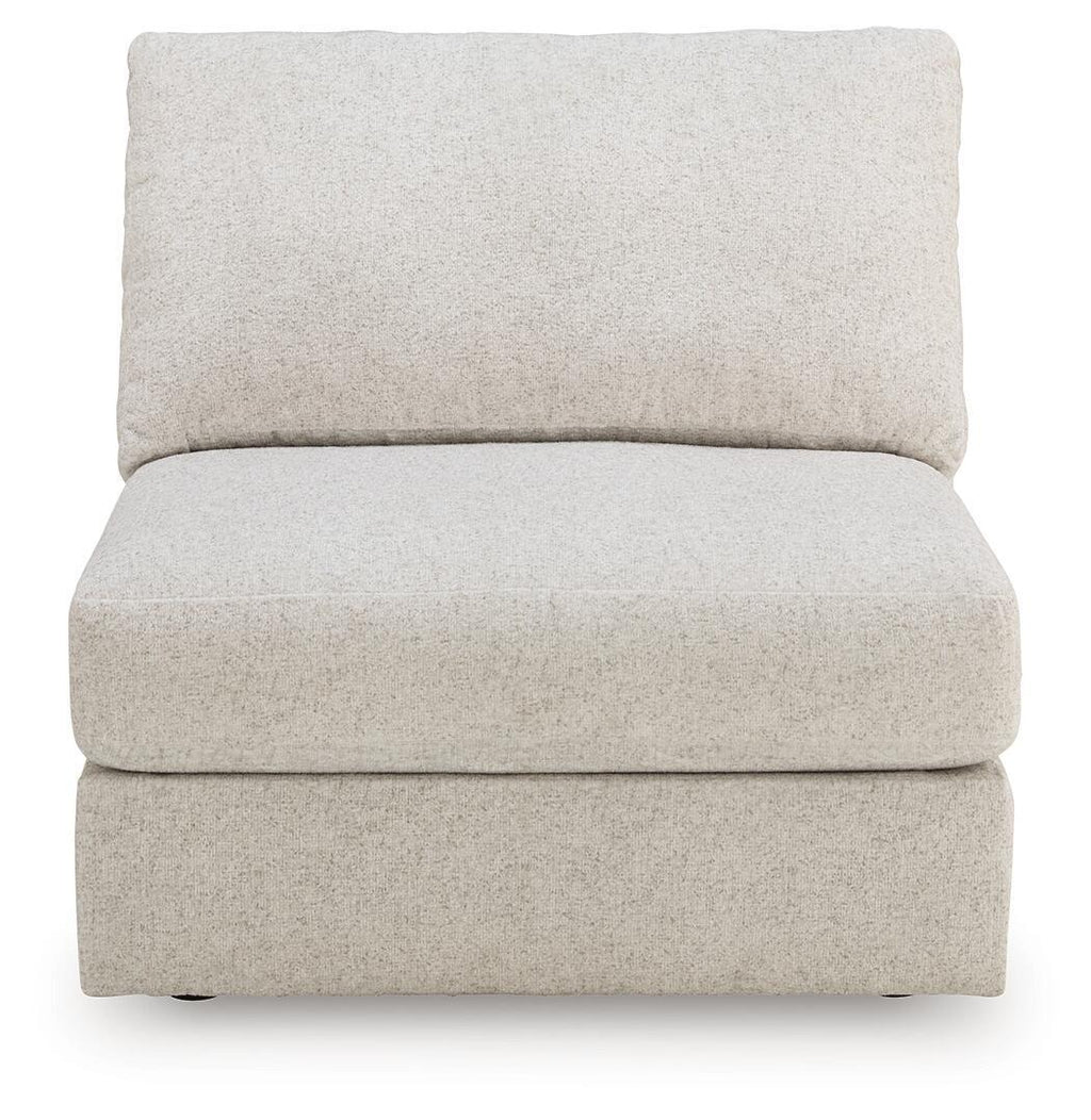 Light beige armless chair with tall rectangular back and padded seat