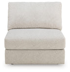 Light beige armless chair with tall rectangular back and padded seat