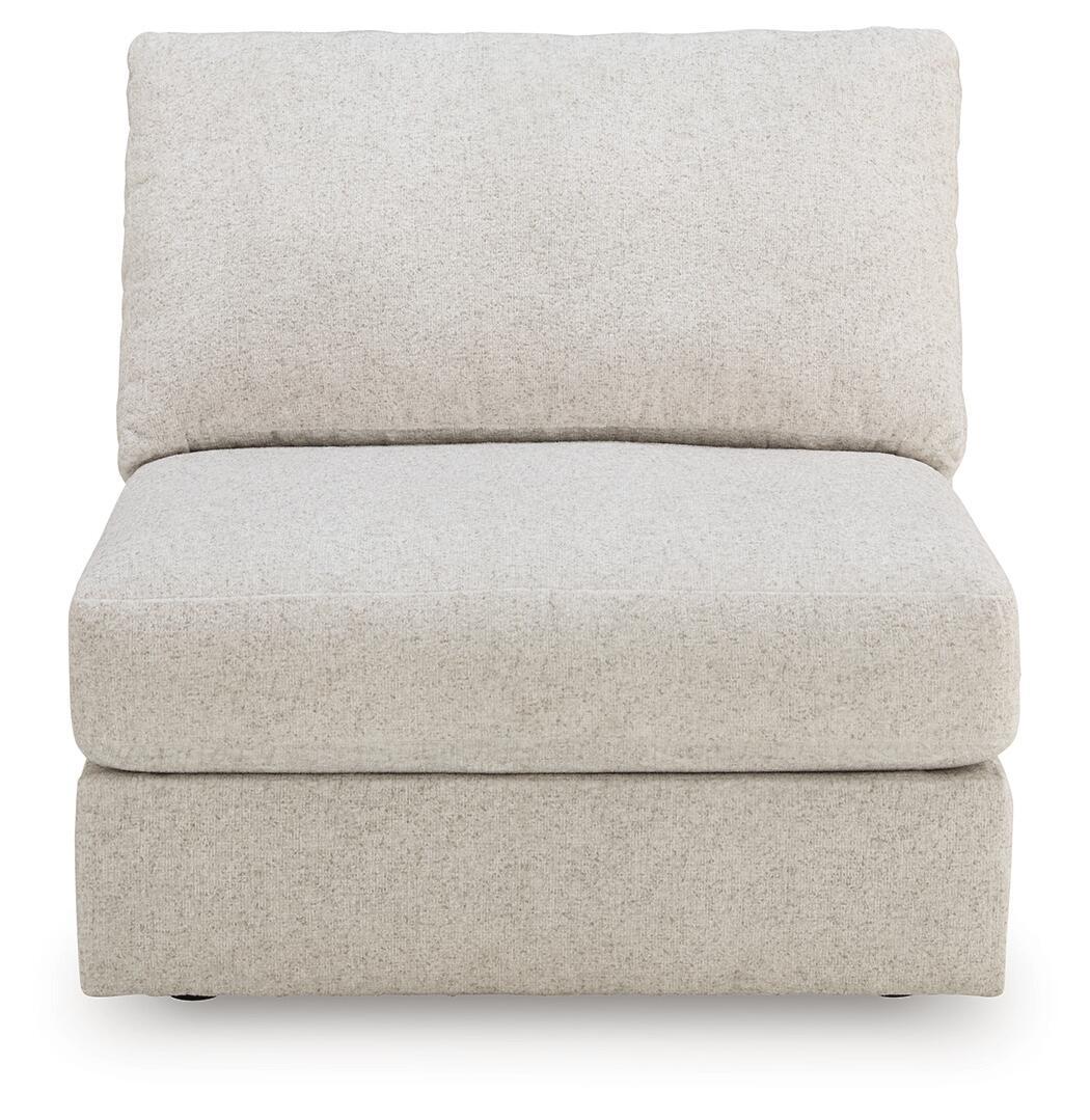 Light beige armless chair with tall rectangular back and padded seat