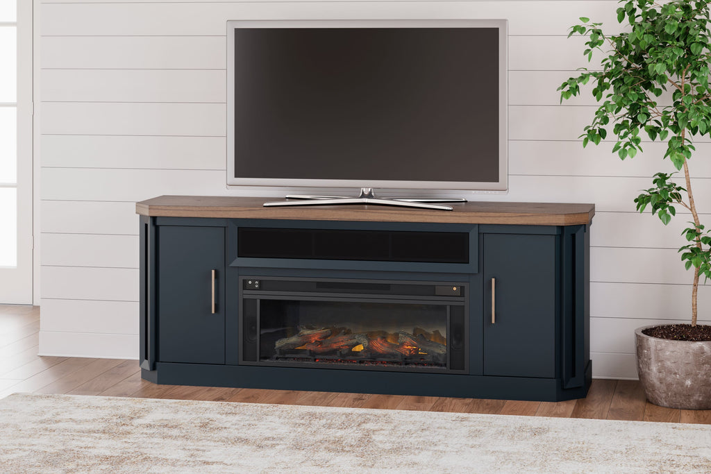 Two-tone TV stand with electric fireplace, dark blue base with wood top and side doors